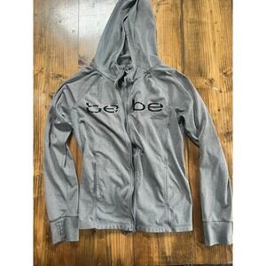 Bebe Sport Womens Gray Full Zip Hoodie Athletic Jacket Logo Thumbholes Heathered